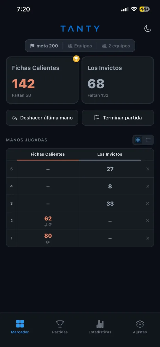 Marcador de una partida por equipos en modo oscuro