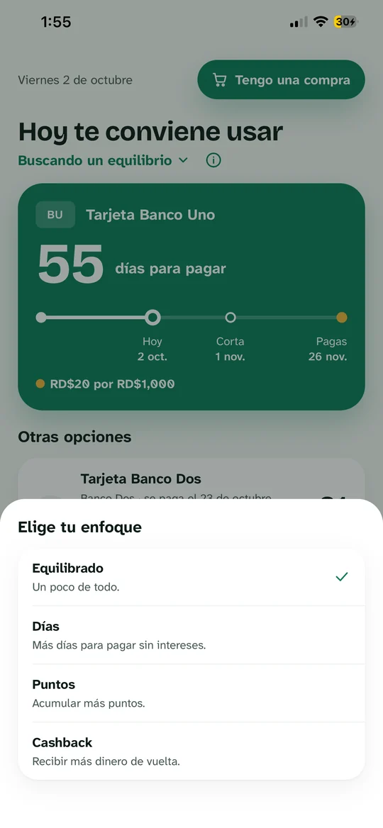 Elección del enfoque: equilibrado, días, puntos o cashback