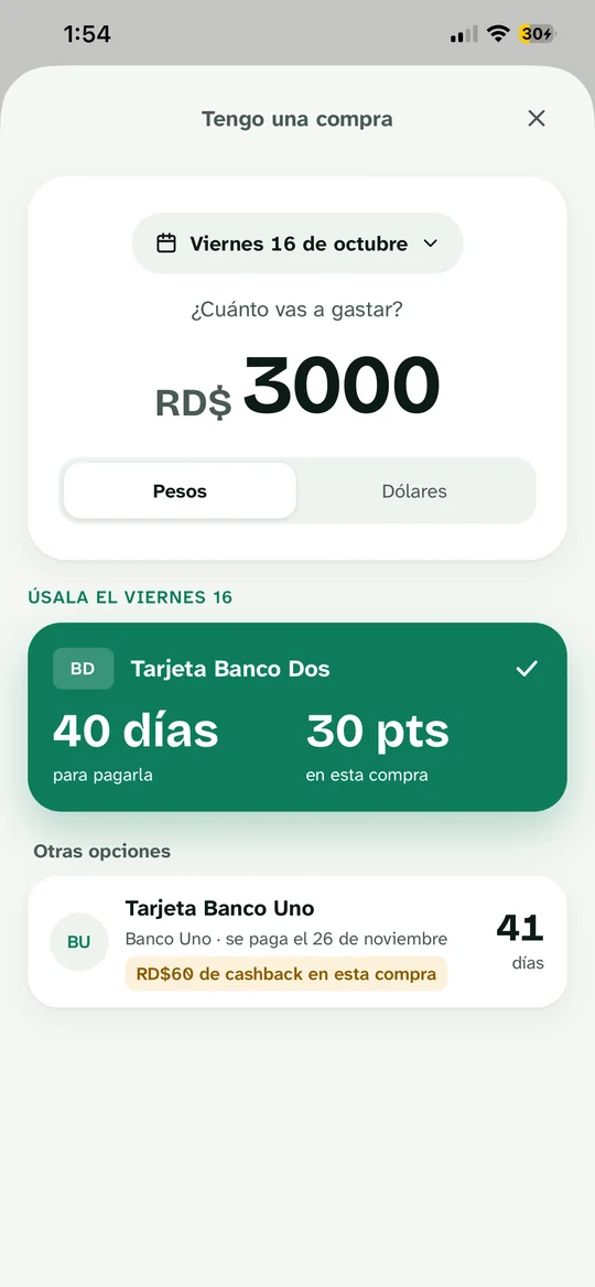 Tengo una compra: qué tarjeta usar para una compra de RD$3,000 en una fecha