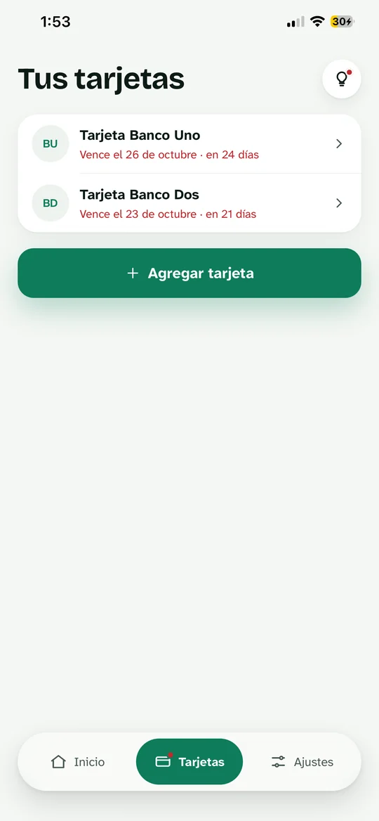 Lista de tarjetas con su próxima fecha límite de pago